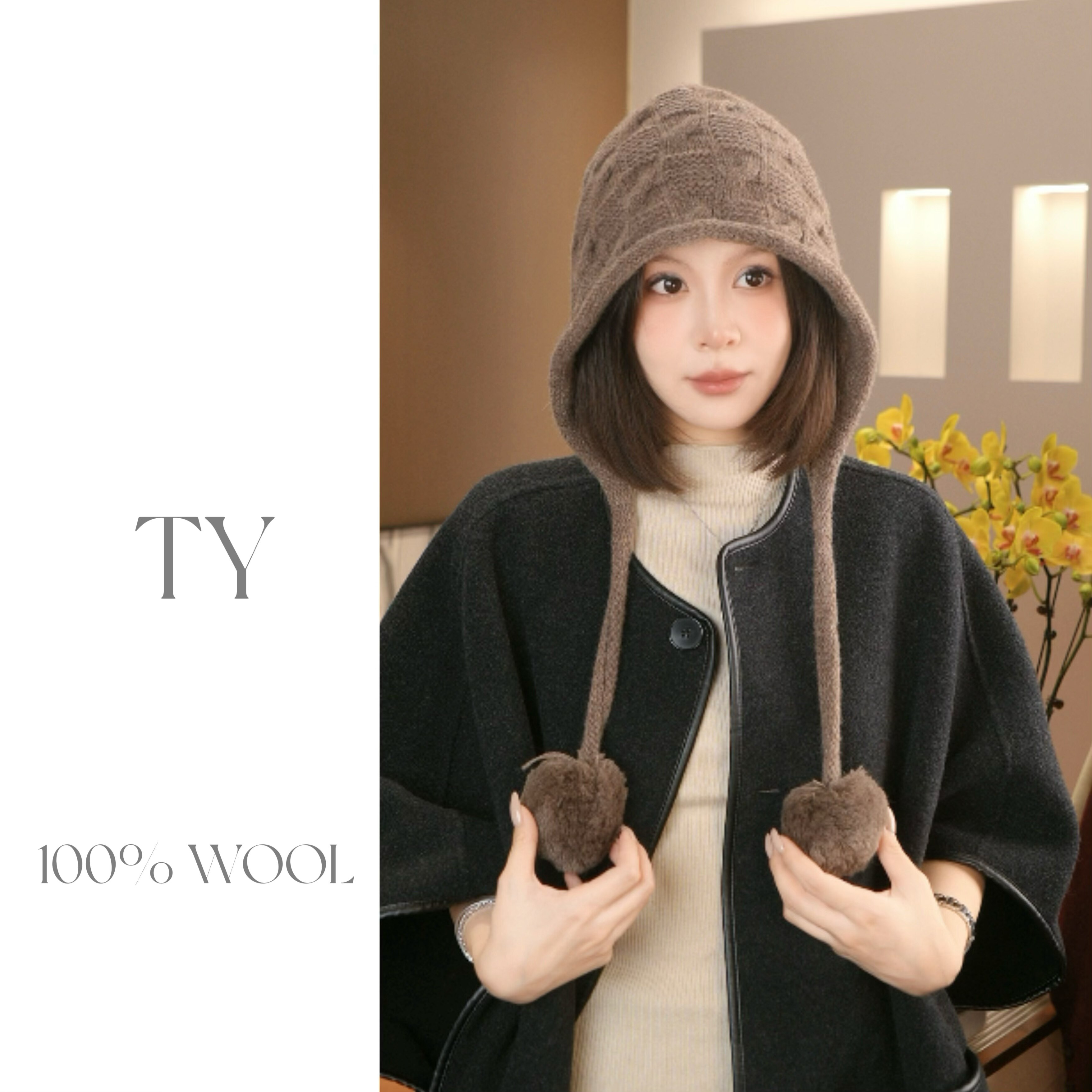 太一 &ldquo;暖冬织梦&rdquo;羊毛提花毛球款针织毛线帽女纯色麻花圆顶保暖