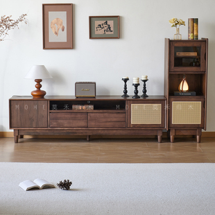 莫禾抚琴复古电视柜实木北美黑胡桃木中古风地柜高款储物影视柜