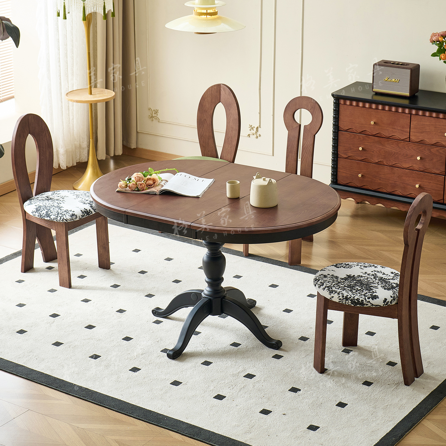 中古风白蜡木实木可伸缩圆桌餐桌家用小户型法式复古折叠圆形餐桌