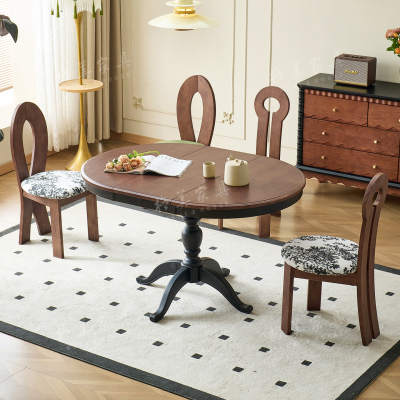 中古风白蜡木实木可伸缩圆桌餐桌家用小户型法式复古折叠圆形餐桌