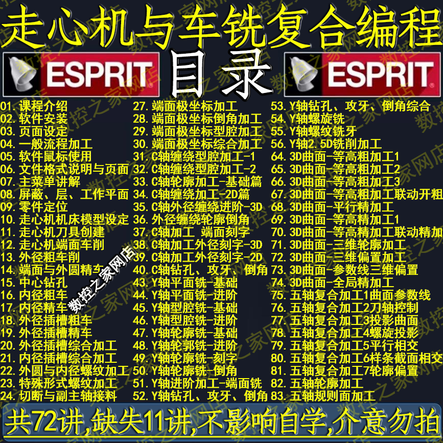 ESPRIT2022走心机与车铣复合数控编程自学视频教程72节精讲ES2022
