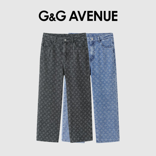 法国G&G AVENUE时尚潮牌提花牛仔裤男宽松阔腿休闲长裤-GN2519002