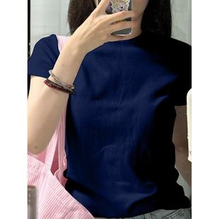夏季 独特绝美小上衣 纯棉小众正肩圆领短袖 t恤女藏青色设计感修身