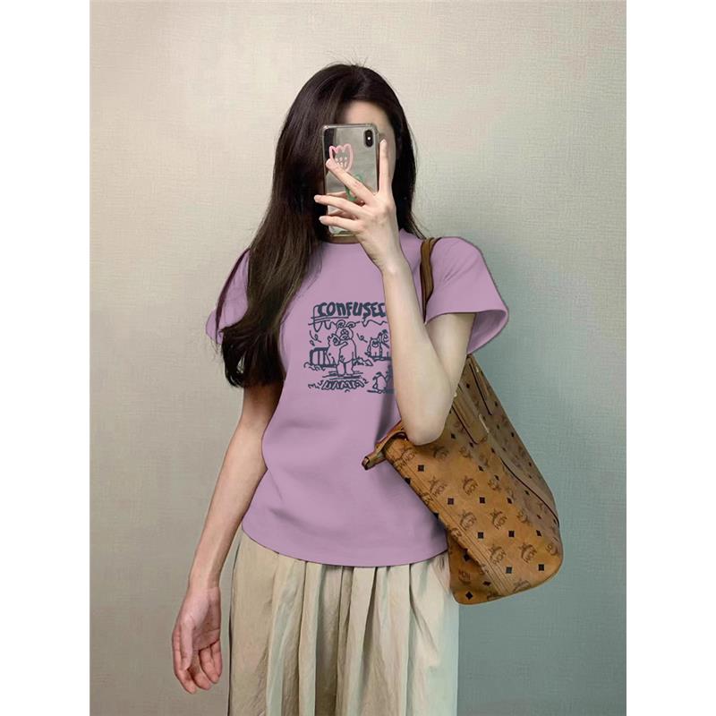 纯棉正肩短袖t恤女2025新款浅紫色修身休闲气质上衣2025年新款