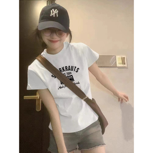 纯棉正肩潮牌ins纯色上衣潮 美式 复古T恤短袖 女设计感小众夏季 新款