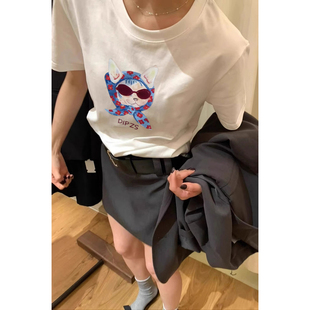 正肩纯棉短袖 爆款 独特设计修身 t恤女2025新款 百搭小上衣 夏季 时尚