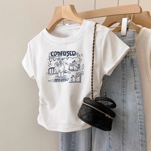 褶皱收腰短衣服女2025新款爆款夏季圆领短袖t恤女款修身白色上衣