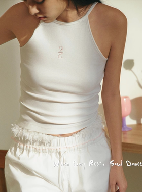 SerOra 白色U领刺绣两面穿吊带高弹力螺纹无袖针织内搭背心女新款