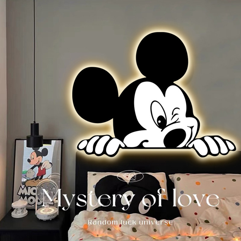 米奇装饰画带灯卧室床头壁灯简约卡通壁画儿童房led氛围感挂画