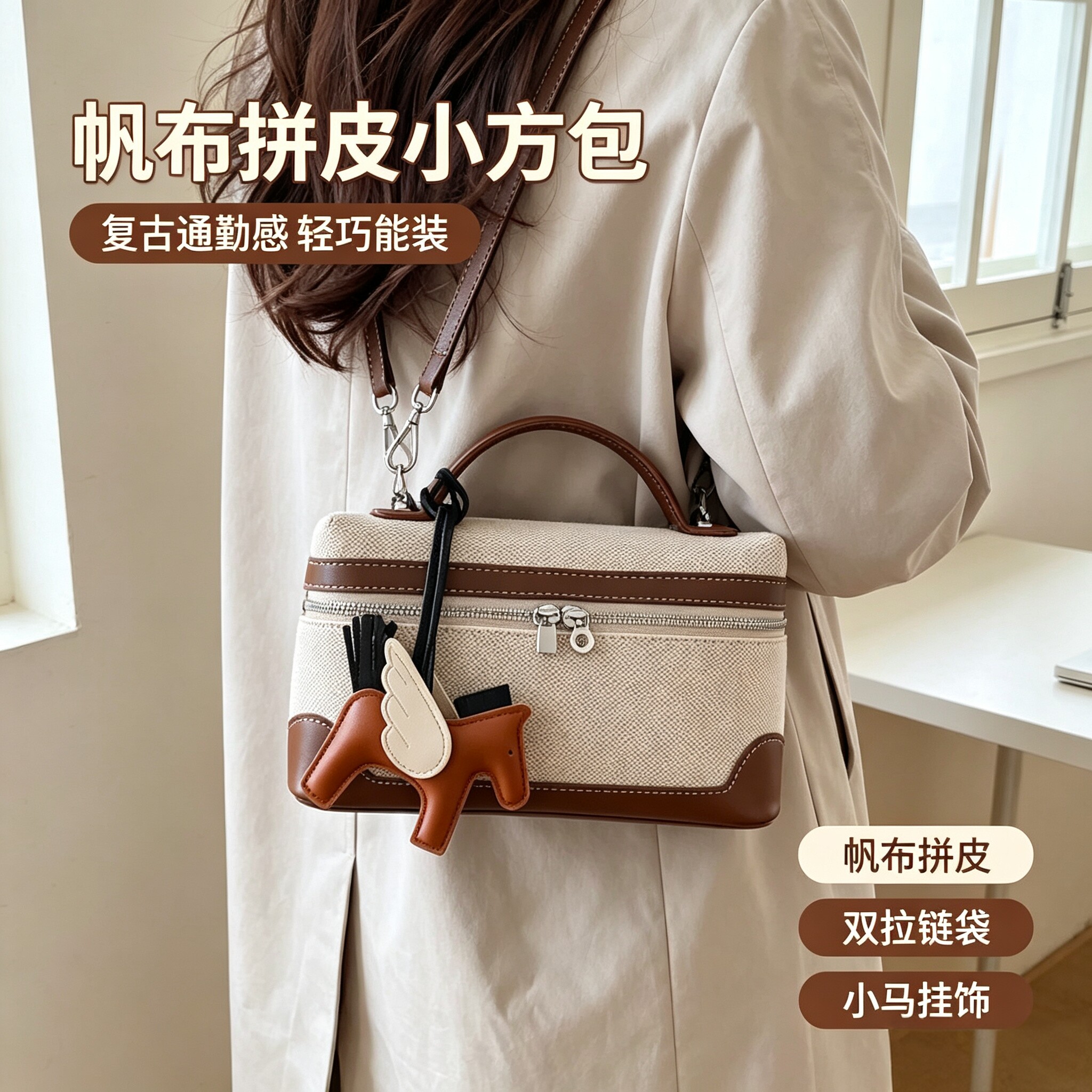复古帆布拼皮盒子包女小众手提小包包可斜挎简约通勤质感单肩小包