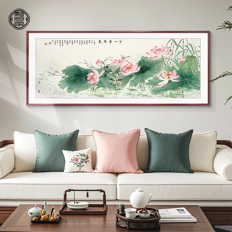 荷花装饰画新中式客厅沙发背景墙挂画2024新款九鱼图手绘莲花壁画图片