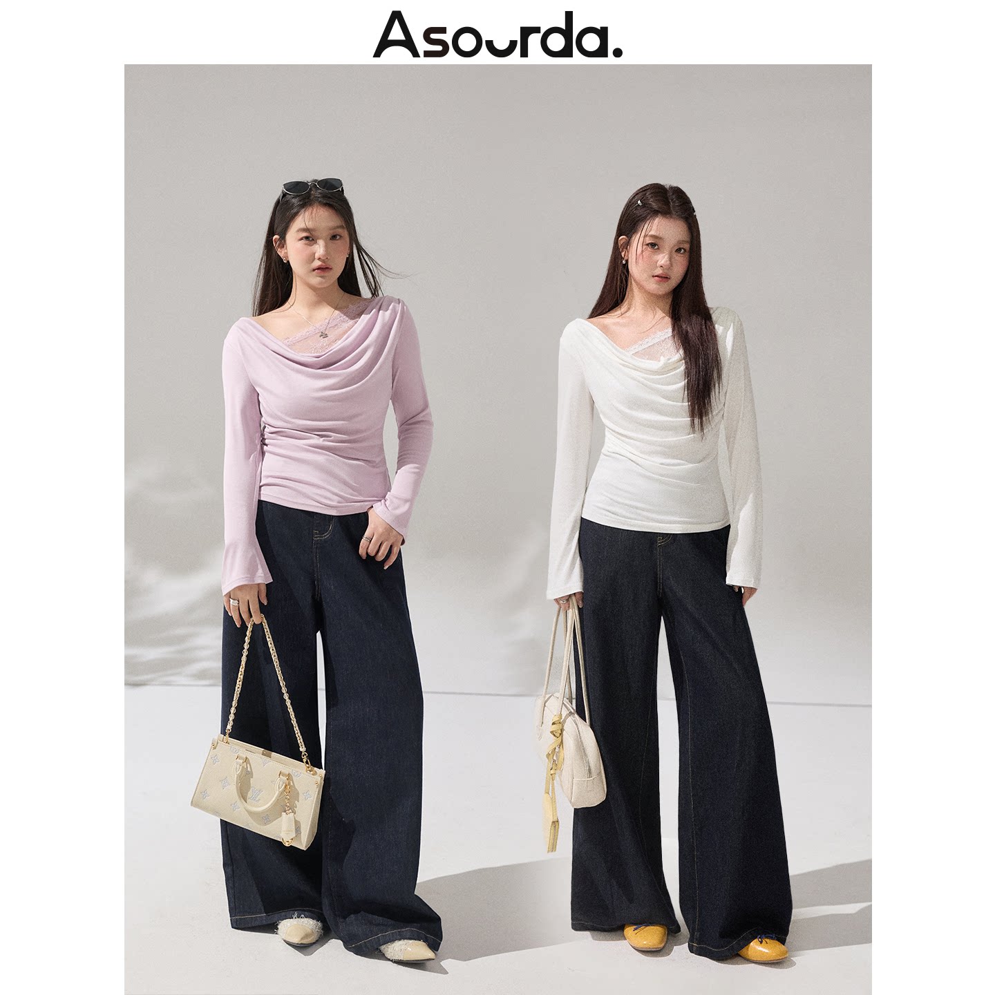 一口苏达张胖胖【云纱荡领】白色上衣设计感大码收腰显瘦长袖t恤