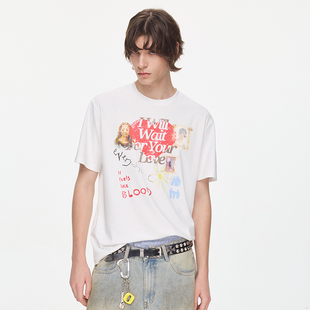 进口匹马棉爱心涂鸦印花情侣短袖 love T恤男夏AL Lisseur Azure