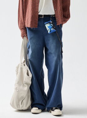 Azure Lisseur cortis风鼹鼠皮蓝色法工裤水洗复古做旧工装长裤AL