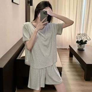 可外穿 彩棉睡衣女夏季 带胸垫圆领短袖 短裤 甜美休闲舒适家居服套装
