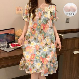 可爱花朵宽松夏天家居服 带胸垫薄款 跨境睡裙女夏季 云朵棉睡衣短袖