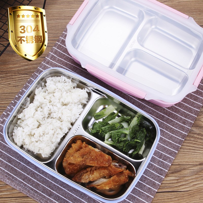 304不锈钢饭盒学生保温分格快餐盒配叉勺筷便当盒餐具