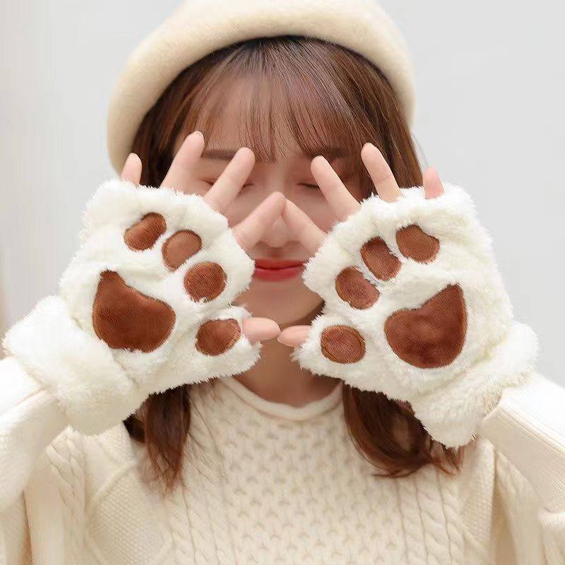 可爱猫爪手套加厚加绒女秋冬保暖防寒毛绒半指手套学生写字漏手指