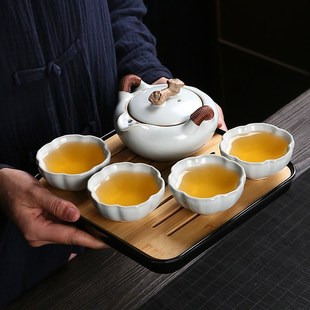 家用简约陶瓷防烫手抓壶不锈钢过滤网茶壶茶杯 汝窑功夫茶具小套装