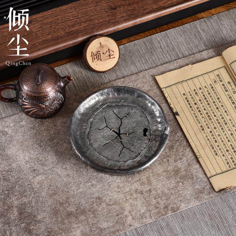 加厚 做旧虫噬锔钉纯锡全手储水茶台 手工锤纹锡制干泡盘蓄水壶承