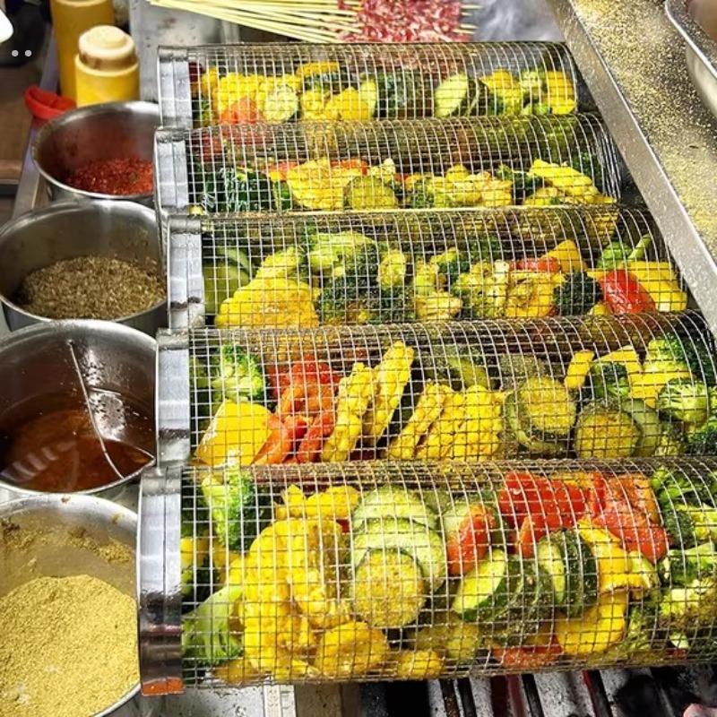 摆摊烧烤架不锈钢烧烤笼滚动烧烤网滚筒烤蔬菜加厚户外露营可携式