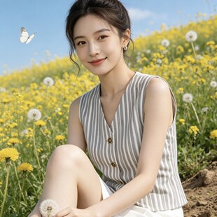 韩系极简风V领条纹西装马甲女夏季新款无袖外搭叠穿百搭背心上衣