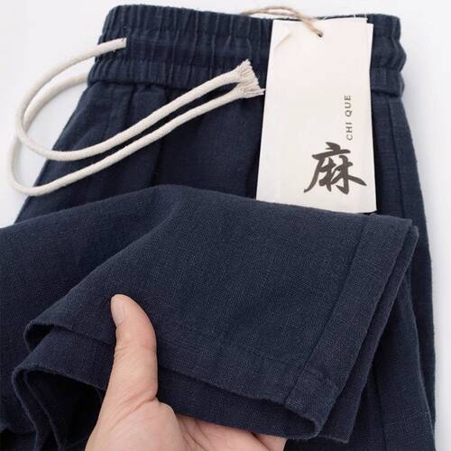 高品质亚麻短裤男日系藏青色宽松吸汗透气棉麻纯色直筒休闲五分裤