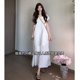 女夏季 休闲老钱风简约独特设计感无袖 V领马甲白色吊带连衣裙套装