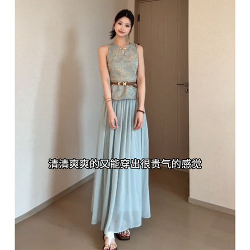 JIAHUI STUDIO 夏季套装女设计感千金收腰显瘦国风上衣网纱半身裙