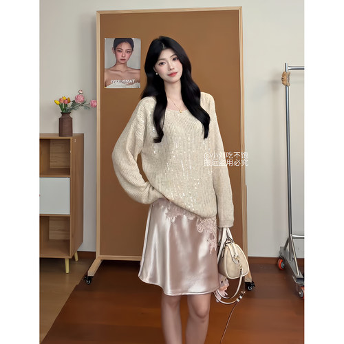 昕羽垚STUDIO 高级感亮片长袖针织毛衣设计感绸缎显瘦半身裙套装
