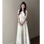 气质无袖 珠光下摆拼木耳边小衫 百搭高级光泽感微闪长裙半身裙