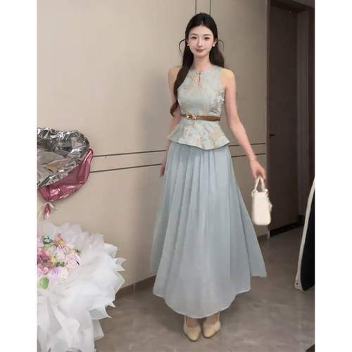JIAHUI STUDIO 夏季套装女气质感千金收腰显瘦国风上衣网纱半身裙
