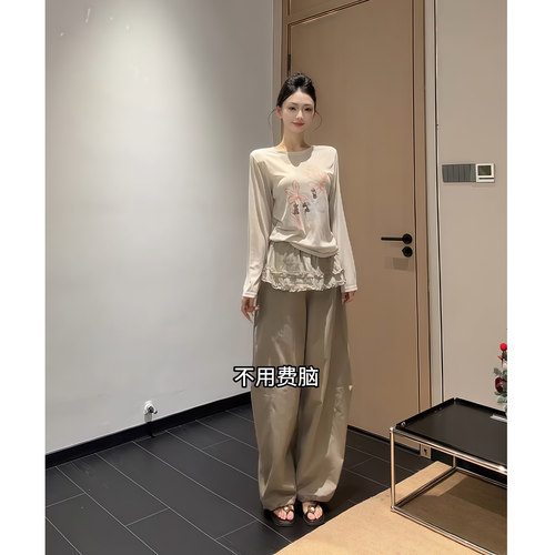 韩版日系显瘦假两件阔腿裤套装