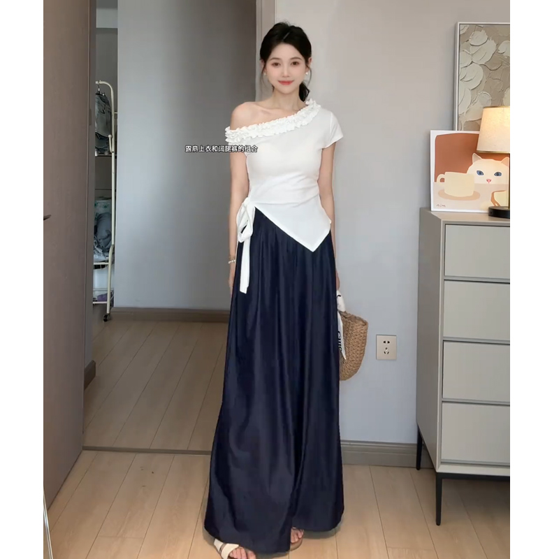 向晚意STUDIO 夏季女装套装小个子显高斜肩上衣牛仔阔腿裤两件套