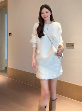 向晚意 STUDIO 法式设计感套装长袖毛针织衫女季休闲半身裙两件套