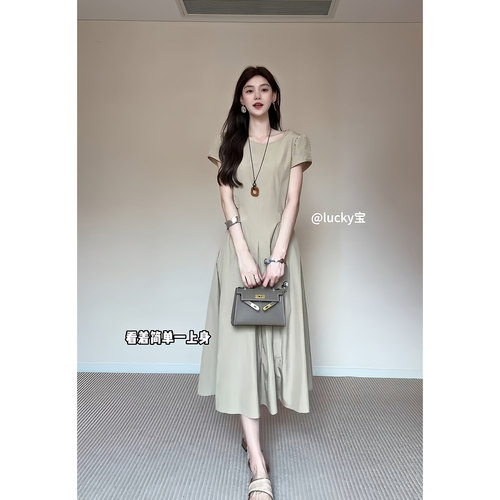 拾光里STUDIO温柔翻领短袖高级感通勤风连衣裙女收腰大气显瘦长裙