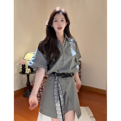 Wannvy up 夏季韩系松弛工装短袖衬衫女装休闲显瘦半身裙两件套装