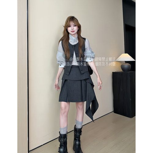昕羽垚STUDIO 秋季新款巨好看马甲气质长袖衬衫女显瘦褶皱半身裙