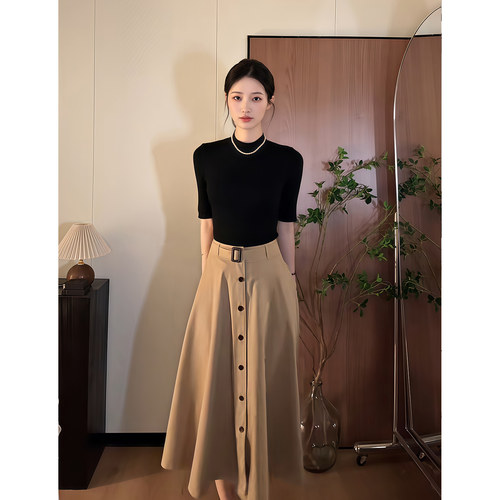 昕羽垚STUDIO 纯色弹力针织衫修身显瘦上衣设计感高腰半身裙套装