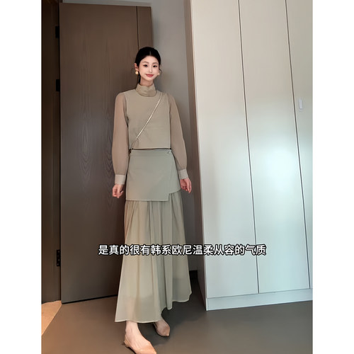 昕羽垚STUDIO日系氛围感背心马甲长袖气质衬衫双层减龄网纱半身裙