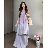 STUDIO 紫色裙子套装 女夏季 向晚意 时尚 蝴蝶结上衣高腰缎面半身裙