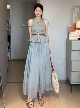 JIAHUI STUDIO 夏季套装女高级感千金收腰显瘦国风上衣网纱半身裙