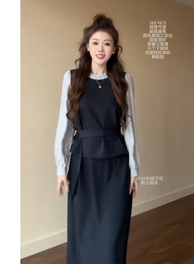 向晚意STUDIO 减龄学院风灰色西装上衣半身裙女春夏气质两件套装