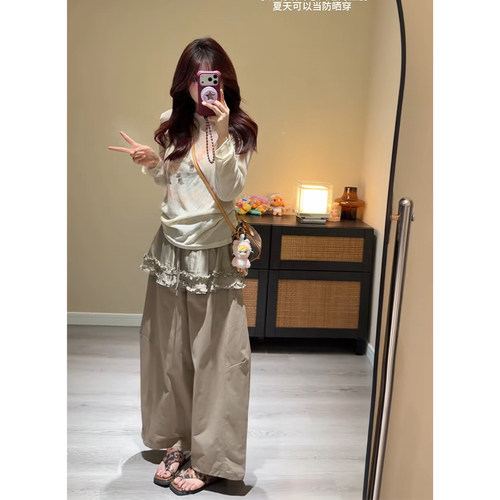 韩版日系显瘦假两件阔腿裤套装
