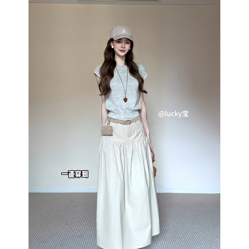 昕羽垚STUDIO 早秋韩系百搭圆领短袖针织衫上衣松紧半身裙两件套