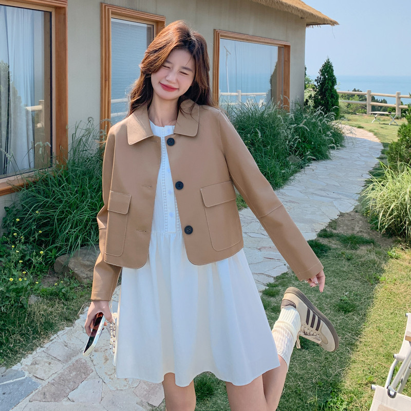 减龄休闲翻领卡其色皮衣短外套女春秋2025新款小个子PU夹克巨好看,女装短外套,2C309