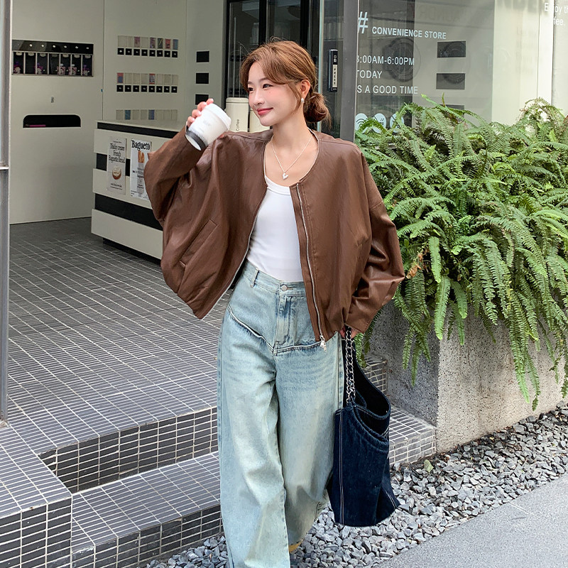 咖色飘带圆领皮衣外套女2025秋季新款港风复古时髦小个子短款夹克,女装皮衣,2C309