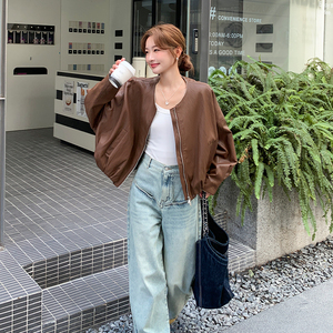 咖色飘带圆领皮衣外套女2025秋季新款港风复古时髦小个子短款夹克图片