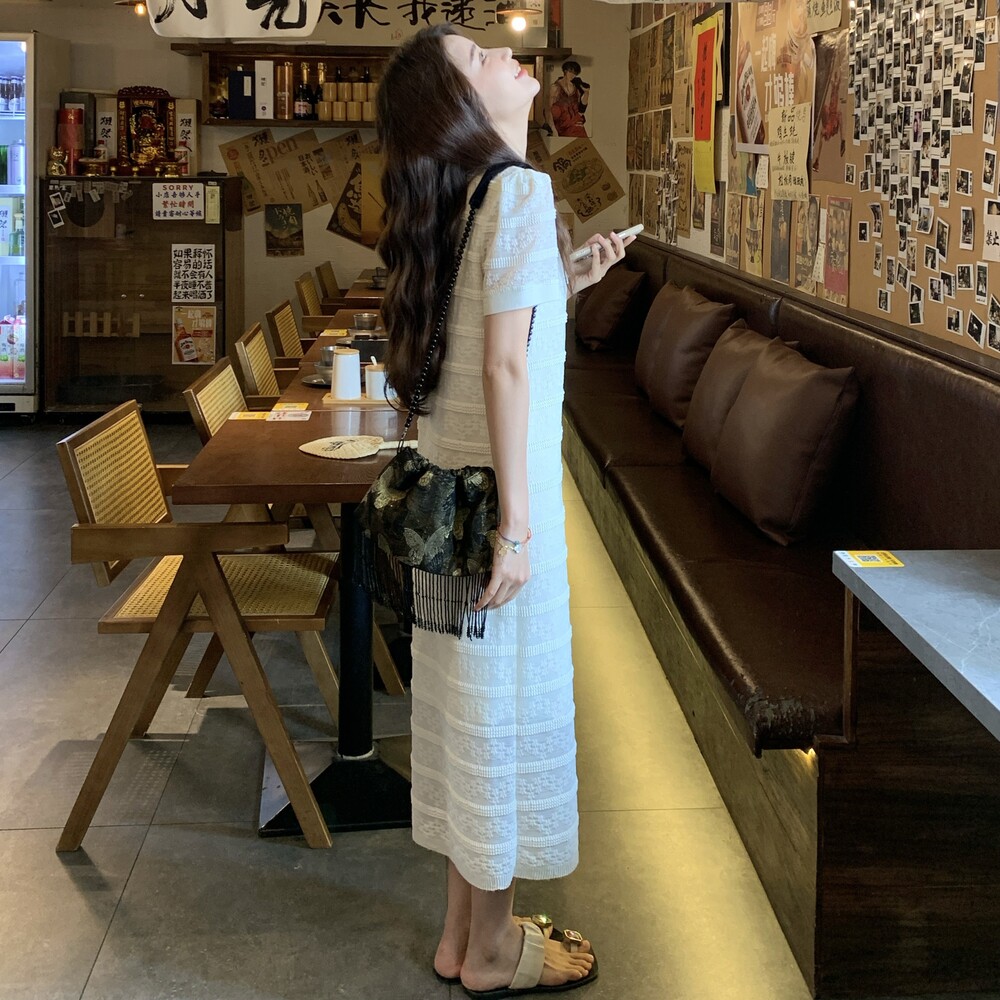 法式蕾丝泡泡袖收腰连衣裙女夏高级感小香风气质优雅中长款蛋糕裙,女装连衣裙,2C309
