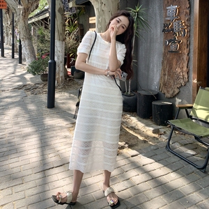 法式蕾丝泡泡袖收腰连衣裙女夏高级感小香风气质优雅中长款蛋糕裙图片